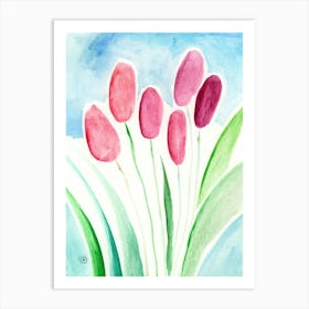 Happy Tulips - watercolor painting floral flowers vertical light blue red green hand painted living room kitchen Art Print