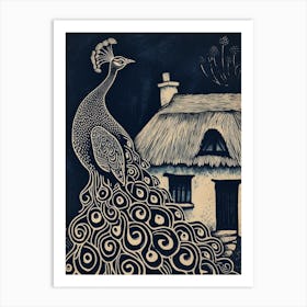 Peacock By The Cottage Navy 1 Art Print