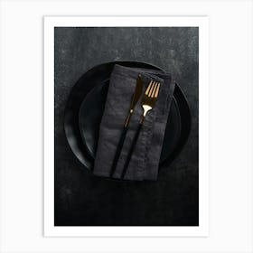 Cutlery and black plate — Food kitchen poster/blackboard, photo art 1 Art Print