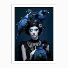 Woman With Blue Birds On Her Head Art Print