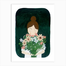 Girl Flower Bouquet Painting Art Print