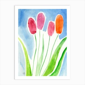 Four Tulips - watercolor painting hand painted floral flower red green blue vertical living room kitchen Art Print