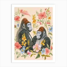 Folksy Floral Animal Drawing Gorilla 5 Art Print