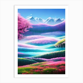 Pink Flowers And Mountains Art Print