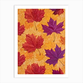 Autumn Themed Wallpaper Showcasing A Sun Drenched Group Of Maple Leaves In Varying Shades Of Red Or (5) Art Print