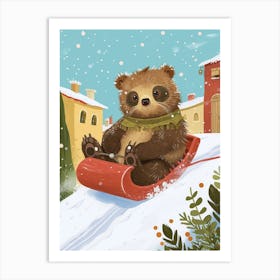 Sloth Bear Cub Sledding Down A Snowy Hill Storybook Illustration 2 Art Print