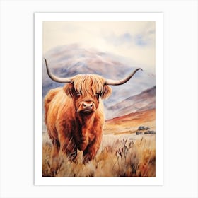Curious Highland Cow In Field With Rolling Hills Watercolour 6 Art Print