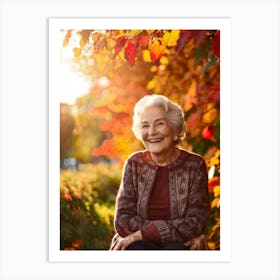 Elderly Woman Smiles Surrounded By A Vibrant Array Of Fall Foliage Golden And Crimson Leaves Frame (5) Art Print