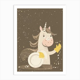 Unicorn Washing Up The Dishes Muted Pastel Art Print