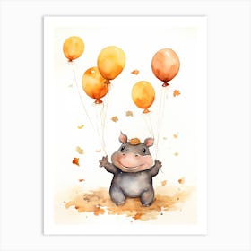 Hippopotamus Flying With Autumn Fall Pumpkins And Balloons Watercolour Nursery 3 Art Print