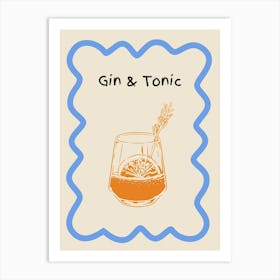 Gin & Tonic Doodle Poster Blue & Ornage Art Print