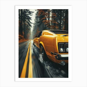 Yellow Mustang Driving In The Forest Art Print