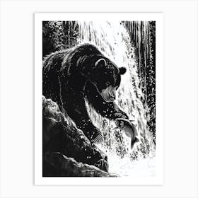 Malayan Sun Bear Catching Fish In A Waterfall Ink Illustration 1 Art Print