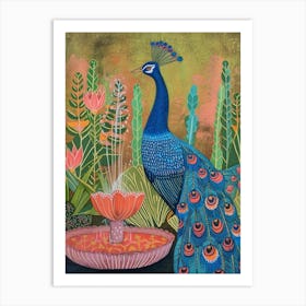 Folky Peacock In The Fountain 2 Art Print