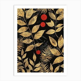 Gold Leaves On Black Background 8 Art Print