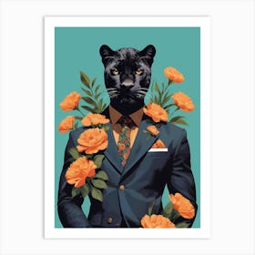 Floral Black Panther Portrait In A Suit (3) Art Print