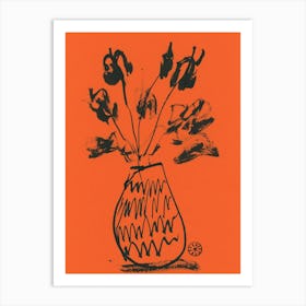 Flowers In A Vase burnt orange black ink line minimal minimalist minimalism floral sketch bedroom living room Art Print