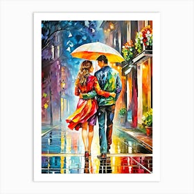 Couple Walking In The Rain Art Print