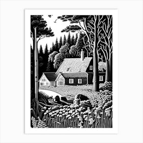 Rosendals Trädgård, Sweden Linocut Black And White Vintage Art Print