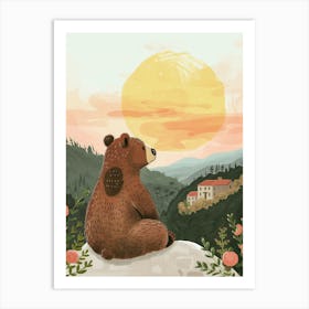Brown Bear Looking At A Sunset From A Mountaintop Storybook Illustration 4 Art Print