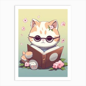 Kawaii Cat Drawings Reading 1 Art Print