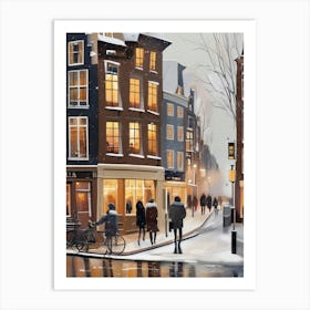 Amsterdam cafes, winter season, Christmas, autumn oil colors, pale colors, pedestrians in the street, winter clothes, falling snow.3 2 Art Print