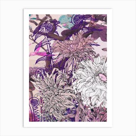 Abstract Botanical Fiddleheads and Dahlias, Plum and Mauve, Collage No.1262-04 Art Print