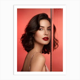 Portrait Of A Woman With Brown Eyes Red Lips Against A Ros Background Caught In A Full Profile Vi Art Print