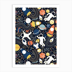 Explore Outer Space - Black, Blue, Yellow and Orange Universe Kids Art Print