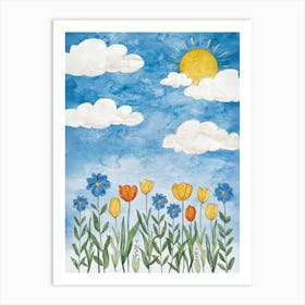 Watercolor Flowers On A Blue Sky Art Print