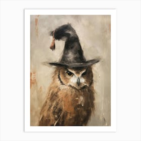 Cute Halloween Owl Beige Painting With Witch Hat Art Print