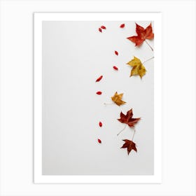 Autumn Leaves Scattered Asymmetrically Across A White Canvas Single Red Berry Placed Off Center Em (3) Art Print