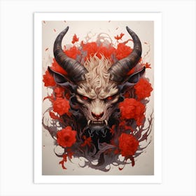 Sinister Horned Demon With Red Roses Art Print