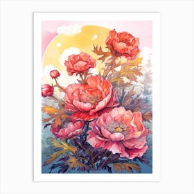 Peony With Sunset In Watercolors (7) Art Print