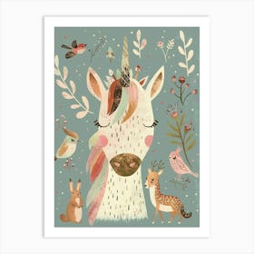 Storybook Style Unicorn With Woodland Creatures 2 Art Print
