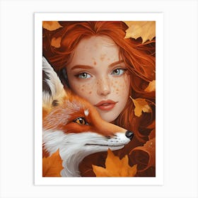 Autumn Girl With Fox Art Print