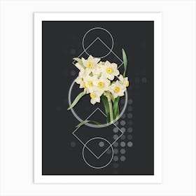 Vintage Bunch Flowered Daffodil Botanical with Geometric Line Motif and Dot Pattern Art Print