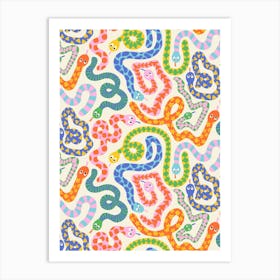 Happy Snakes White - Bright Rainbow Textured Snakes Art Print