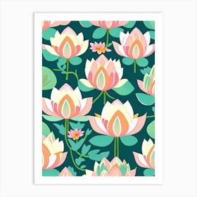 Lotus Flower Repeat Pattern Scandi Cartoon 4 Art Print