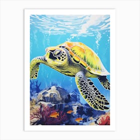 Sea Turtle In The Ocean Linograph Illustration 1 Art Print