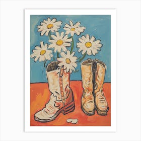 A Painting Of Cowboy Boots With Daisies Flowers, Pop Art Style 13 Art Print