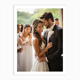 Elegant Bride And Groom Embracing In A Luxury Wedding Setting Bouquet In Hand Surrounded By Cheerf (5) Póster