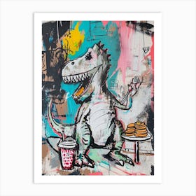 Abstract Dinosaur Eating Breakfast In A Cafe Pink Blue Purple 2 Art Print