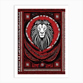 African Quilting Inspired Art of Lion Folk Art, Poetic Red, Black and white Art, 1230 Art Print
