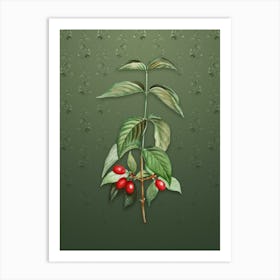 Vintage Cornelian Cherry Botanical on Lunar Green Pattern n.2084 Art Print