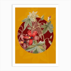 Vintage Botanical Lavatera Phoenicea on Circle Red on Yellow n.0153 Art Print
