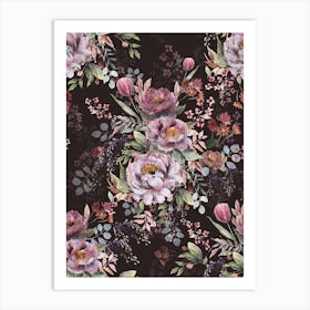 Vintage Peony Bloom On A Dark Background Art Print