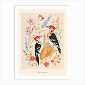 Folksy Floral Animal Drawing Woodpecker 2 Poster Art Print