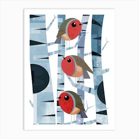 Three Robins Perched on Branches Art Print