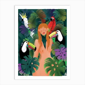 Jungle Woman With Toucans Art Print
